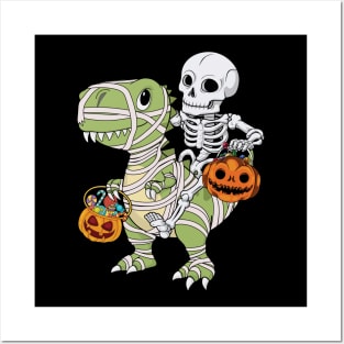 Skeleton Riding Mummy Dinosaur T Rex - Trick Rawr Treat Posters and Art